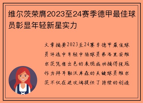 维尔茨荣膺2023至24赛季德甲最佳球员彰显年轻新星实力